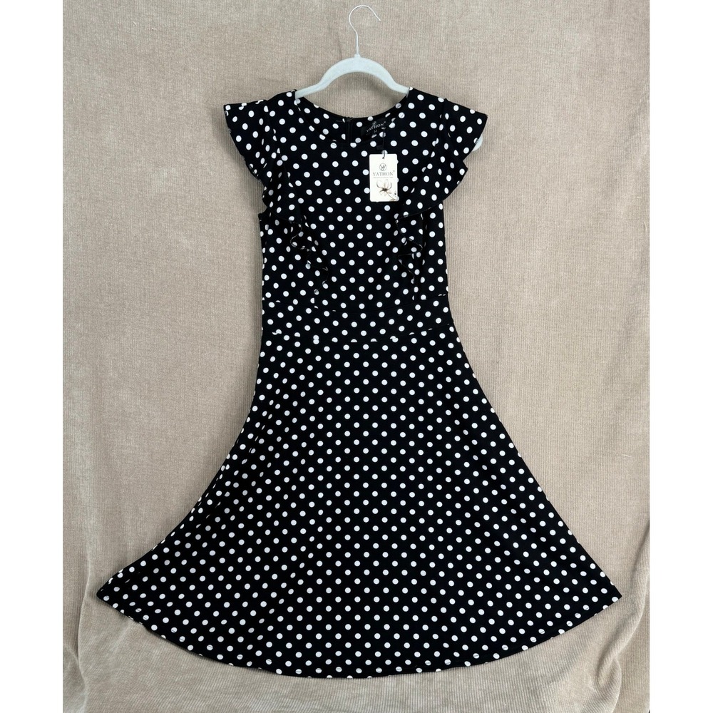 Yathon Black White Polka Dot Ruffle Cap Sleeve A-Line Dress Medium NWT